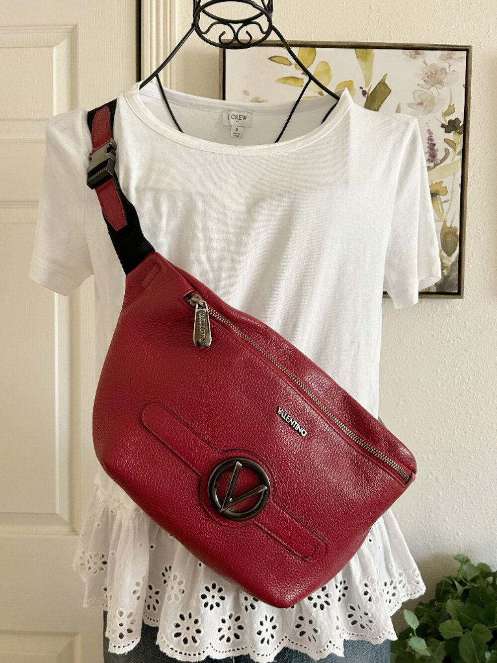 Valentino Red Pebbled Leather Crossbody Belt Bag with Black Strap